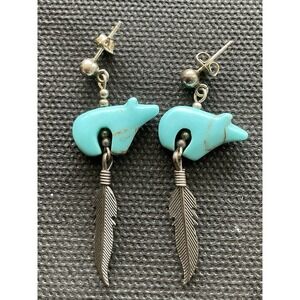Vintage Southwest sterling silver bear fetish Turquoise dangle Earrings